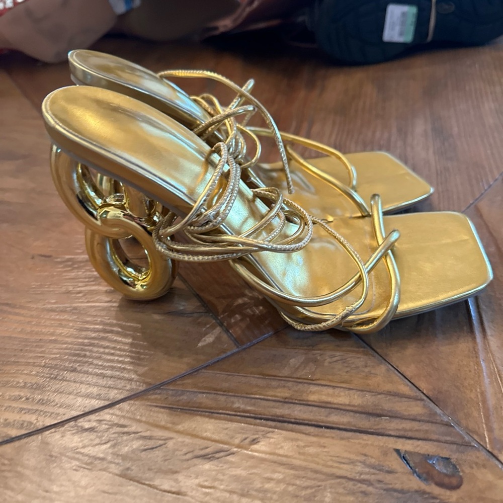 Metallic Gold Sculptural Heel Strappy Sandals